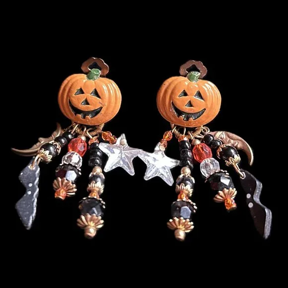 Enamel Jack-O-Lantern Halloween Dangle Earrings - Picture 1 of 5